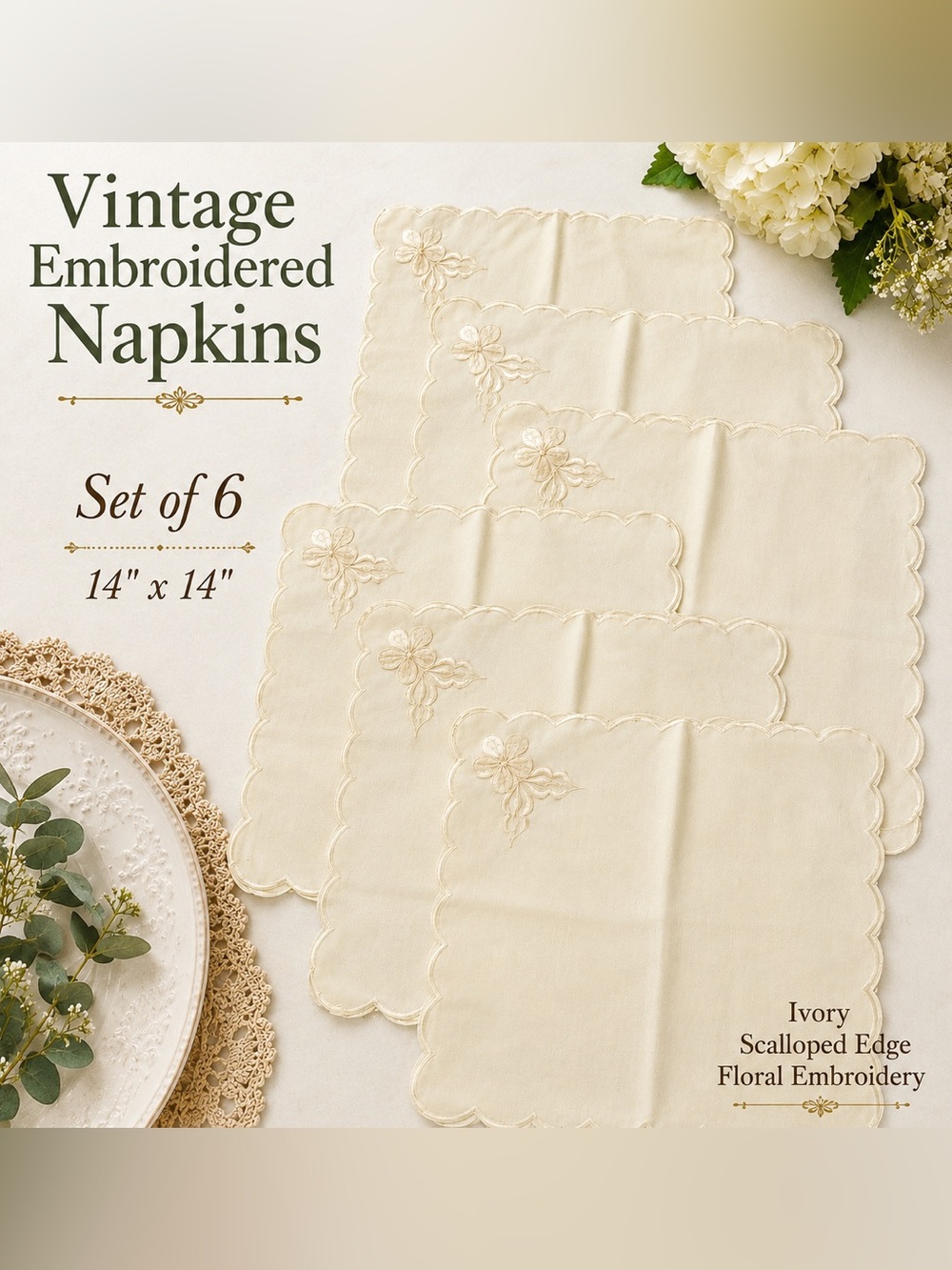 Set of 6 Vintage Ivory Embroidered Floral Linen Napkins 14x14 Scalloped Edge